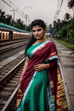 (Thrissur:1.3), ((modern fashion design dress))(city, railway station, railway track, busy people), Raw photo of (25yo Kerala Beautiful young woman:1.1) (best quality, highres, ultra-detailed:1.2), vibrant colors, glowing dimond, glowing eyes, realistic Raw photo, realistic lighting,  exotic beauty, mesmerizing eyes, girl ,Thrissur,Sexy Pose,Styles Pose,1woman