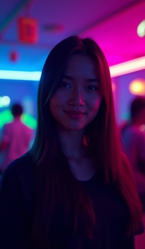 The atmosphere is fun and inviting, featuring colors like black, blue, dark blue, dark purple, gray, light green, purple, and orange. Neon lights in pink, blue, and green illuminate the space, creating a bokeh and Depth of Fieldeffect. The focus is on the girl from the torso to the head, captured in a cinematic style with a Sony A7R IV full-frame camera,Busty