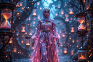 The main subject, a hijabi woman in neon glow wireframe clothing, navigates through a bustling steampunk market adorned with spinning clockwork mechanisms and cascading hourglasses at night. The scene is captured from an over-the-shoulder angle, highlighting the vibrant glow of her attire. Soft, diffused lighting creates shimmering effects on the wireframe surfaces, with reflections emphasizing the intricate clockwork around her. The background features blurred cogs and sand flowing in hourglasses, all softened to accentuate the main subject's presence. The starry sky with billowing steam enhances the overall enchanting atmosphere.

(1.6-1) dS = δQ_rev/T::0.6 neon wireframe::0.4 steampunk market with clockwork and hourglass elements --s 8k photorealistic,Magicallights,divinelights,Neonwireframe,SteampunkHijab