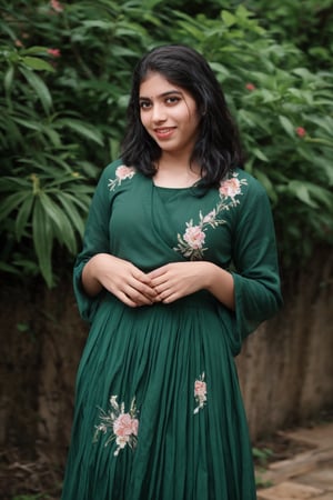 A stunning Kerala beauty poses in a lush botanical garden on a bright, sunny day. She wears a vibrant traditional embroidered dress adorned with intricate black, red, and green patterns, her blonde hair shining under the warm light. Her radiant smile captures the essence of joy as she stands amidst a tapestry of colorful flowers, the gentle breeze rustling the petals in harmony with her carefree laughter.