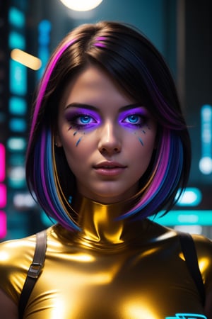 Ultra realistic Subject: A captivatingly beautiful young woman with cascading black hair streaked with vibrant neon blue or purple highlights. Her skin is smooth and sun-kissed, adorned with intricate cybernetic enhancements like glowing bioluminescent tattoos or metallic ear cuffs that seamlessly blend with her traditional gold nose ring.