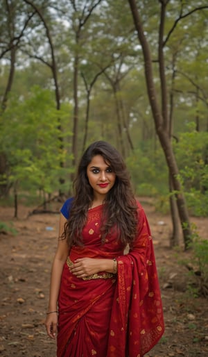 a woman with long, wavy brown hair stands in a forest. She in traditional outfit, adorned with a gold belt and a blue blouse, red saree, Her dress is adorned with gold stripes, adding a touch of color to the scene. The woman's attire is adorned by a gold necklace, adding an accent of charm to her outfit. The backdrop is lush, full of trees and foliage, creating a peaceful and natural backdrop.,mallu,Traditional,

The image is captured using a Fujifilm cinematic camera, with dramatic cinematic lighting enhancing the deep shadows and bright highlights. The scene is shot with a wide aperture, creating a shallow depth of field that blurs the forest background, making her the clear focal point. The camera angle is low, looking slightly upwards to give her an empowering, larger-than-life presence. The textures of the costume and her skin are rendered in high definition, with the soft, natural lighting adding a dreamlike quality to the image., (RAW photo, best quality), (realistic, photo-Realistic:1.1), best quality, masterpiece, beautiful and aesthetic, 16K, (HDR:1.2), high contrast, (vibrant color:1.3), (muted colors, dim colors, soothing tones:0), cinematic lighting, ambient lighting, sidelighting, Exquisite details and textures, cinematic shot, Warm tone, (Bright and intense:1.1), wide shot, by xm887, ultra realistic illustration, siena natural ratio,	head to thigh portrait,	long Wave hair, Traditional 