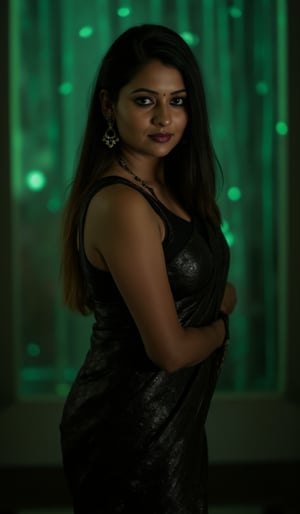 A photorealistic portrait of an Indian woman in her late 20s with dark brown skin, long straight black hair, and sharp features. She is dressed in a sleek black saree with futuristic, tech-inspired accessories. Her eyes  giving her a mysterious, powerful look. The background is a dark, cyberpunk cityscape with green digital rain falling behind her, reminiscent of the Matrix. The lighting is low, with glowing neon lights reflecting off her leather outfit, enhancing the dramatic, action-movie atmosphere.
