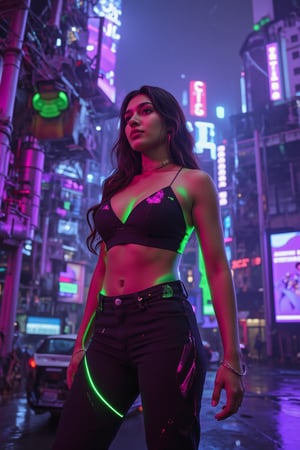 A muscular Indian woman, standing tall in a futuristic sci-fi setting under intense neon lights. Her physique is powerful and athletic, with precise muscle texture emphasized by the vibrant neon glow of purples, greens, and blues. The city around her is futuristic, with sleek metallic structures, flying vehicles, and holographic displays. The image captures a balance between realism and sci-fi aesthetics, with highly detailed textures on her skin and muscles, set against the neon-lit urban landscape.,Traditional 