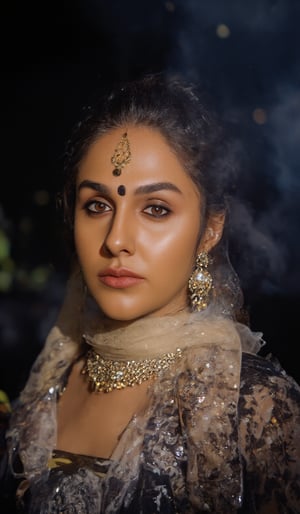 shot of a Indian woman in a black and white saree, adorned with gold earrings and a gold necklace. The woman's hair is pulled back in a ponytail, adding a touch of color to her face. The background is blurred, creating a stark contrast to the woman's outfit. The saree she is wearing is cream in color, with a black pattern on it. She is wearing a cream scarf around her waist, adding texture to her outfit.,Fantasy, 

photorealistic,portrait of hubggirl, A dramatic shot, smoky backdrop, a stunning cybernetic girl, metallic confines. She gazes intensely through enhanced, hair soft glow and refracted holographic, ,Fantasy cosplay 