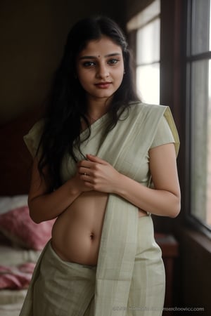 A stunning 25-year-old woman with short hair and double eyelids sits serenely in a dimly lit bedroom, her glowing skin glistening with subtle sheen. Glossy blue eyes lock onto the camera, surrounded by delicate facial features. Her hands gently cover her chest, where wet oil hair cascades down her navel. A traditional mallu ornaments-adorned saree flows effortlessly around her, under a 35mm lens capturing every intricate detail.