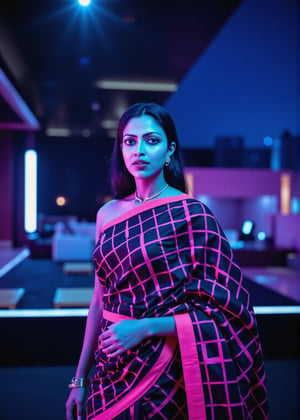 Digital canvas aglow with neon hues, Girl25yo stands poised, saree draping curves like a Tron-inspired grid. Canon 1DX's 50mm lens captures every nuance as she confidently exposes navel, soft lighting casting gentle glow on features. High-res image quality reveals intricate fabric details, saree's folds and patterns shimmering like digital code in a futuristic cityscape.,xamala,Amala Paul