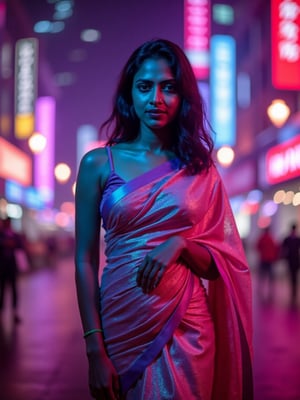 Digital canvas aglow with neon hues, Girl25yo stands poised, saree draping curves like a Tron-inspired grid. Canon 1DX's 50mm lens captures every nuance as she confidently exposes navel, soft lighting casting gentle glow on features. High-res image quality reveals intricate fabric details, saree's folds and patterns shimmering like digital code in a futuristic cityscape.,Amala Paul