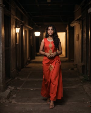 20 year old indian woman in pattu pavada, street photography ,(( night:1.3)), thick waist, long curly brown hair, teel and orange colour grading, Moody black, front view, movie scene,(( close mouth)))cinematic, high-quality, ultra-detailed, professionally color graded, professional photography.  ( hard light:1.2), (volumetric:1.2), well-lit, double exposure, award-winning photograph, dramatic lighting, dramatic shadows, illumination, long shot, wide shot, full body, at studio, smart watch on left hand, happy_face, iso 200, Fast shutter speed, 1/500 sec shutter, golden_jewelry, embroidered traditional indian dress, , salwar, red cloth, sleeveless,18 year old girl,1 girl,Sexy Pose