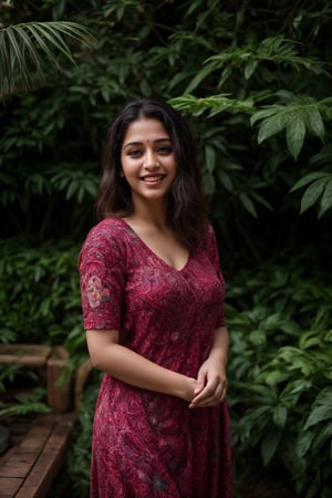 A stunning Kerala beauty poses in a lush botanical garden on a bright, sunny day. She wears a vibrant traditional embroidered dress adorned with intricate black, red, and green patterns, her Brown hair shining under the warm light. Her radiant smile captures the essence of joy as she stands amidst a tapestry of colorful flowers, the gentle breeze rustling the petals in harmony with her carefree laughter.