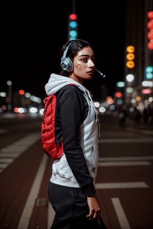 Dreampolis, hyper-detailed digital illustration, cyberpunk, single girl with techsuite hoodie and headphones in the street, neon lights, lighting bar, city, cyberpunk city, film still, backpack, in megapolis, pro-lighting, high-res, masterpiece,photorealistic,22yo girl 