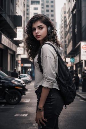 Mallu curly hair, Dreampolis, hyper-detailed digital illustration, cyberpunk, single girl with techsuite hoodie and headphones in the street, neon lights, lighting bar, city, cyberpunk city, film still, backpack, in megapolis, pro-lighting, high-res, masterpiece,photorealistic,22yo girl ,1 girl,midjourney