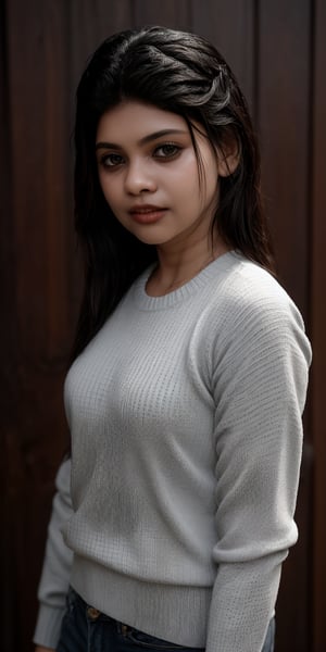 A serene portrait of a young girl with striking features. The shot is framed against a neutral background, allowing her to take center stage. Her long, raven-black hair cascades down her back in two delicate twin braids, which perfectly complement her piercing black eyes. A soft, cozy sweater adorns her torso, adding a touch of warmth to the overall mood. Her lips are painted with a subtle shade that adds a hint of sweetness to her enigmatic expression. The lighting is gentle and natural, casting a flattering glow on her porcelain skin.