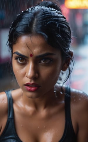 shot of a fiery-eyed Indian woman, her dark hair whipping around her face as she scowls at the camera. Midriff exposed ,  ((hand pointing to viewers)), Framed by a dimly lit alleyway's neon signs and rain-soaked pavement, the gritty atmosphere heightens the tension in her gaze. Her beauty is tempered by anger, her full lips pursed in a snarl as she confronts the unknown. Cinematic photography captures every nuance of her expression, inviting the viewer to step into her world.