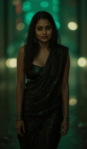 A photorealistic portrait of an Indian woman in her late 20s with dark brown skin, long straight black hair, and sharp features. She is dressed in a sleek black saree with futuristic, tech-inspired accessories. Her eyes  giving her a mysterious, powerful look. The background is a dark, cyberpunk cityscape with green digital rain falling behind her, reminiscent of the Matrix. The lighting is low, with glowing neon lights reflecting off her leather outfit, enhancing the dramatic, action-movie atmosphere.
