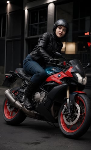 A stunning Malayali woman with short hair, dressed in a modern, stylish outfit that exposes her midriff. She is confidently riding a BMW S1000RR motorcycle, captured in a realistic, high-definition photography style. The woman has an expressive face, reflecting excitement and thrill as she rides the bike. Her outfit is contemporary, perhaps a crop top paired with high-waisted jeans or a leather jacket, fitting the sleek and bold vibe of the scene.

The image is color graded in a cinematic style, reminiscent of the Matrix movie, with a strong teal and orange color palette that enhances the intensity of the scene. The lighting creates a dramatic effect, highlighting the contours of her face and the shine of the motorcycle. The background is slightly blurred to emphasize motion, but still hints at an urban environment. The overall composition exudes a sense of modernity, freedom, and adventure, with the woman and the bike as the focal points.
