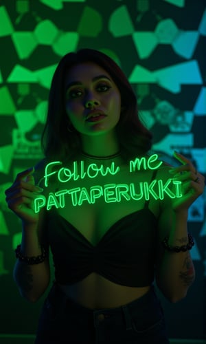 a vibrant young woman stands proudly holding a neon sign that reads "Follow me PATTAPERUKKI" in bold, glowing green letters. She is wearing a black strapless shirt, adorned with a black necklace and a black bracelet. Her left arm is adorned with tattoos, adding a pop of color to her outfit. The backdrop is a vibrant mix of green and blue lights, creating a striking contrast to her figure.