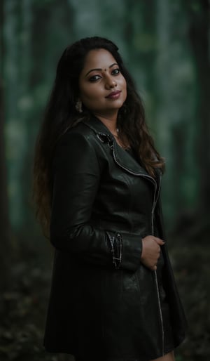 A photorealistic portrait of an Indian woman in her late 20s with dark brown skin, long straight black hair, and sharp features. She is dressed in a sleek black leather coat with futuristic, tech-inspired accessories. Her eyes  giving her a mysterious, powerful look. The background is a dark, cyberpunk cityscape with green digital rain falling behind her, reminiscent of the Matrix. The lighting is low, with glowing neon lights reflecting off her leather outfit, enhancing the dramatic, action-movie atmosphere.
