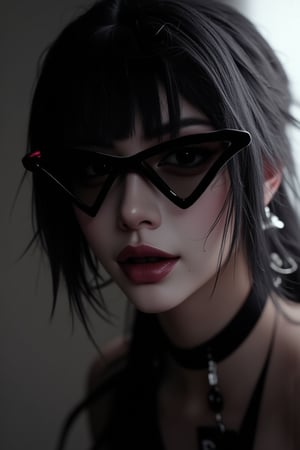 dol of chicago, a beautiful slim curvy pale goth girl with asymmetrical punk rock hair and badass euro design sunglasses. mole on cheek. half portrait by stanley artgerm, dramatic lighting, by nagel, shin jeongho, nick silva and ilya kuvshinov, deviantart