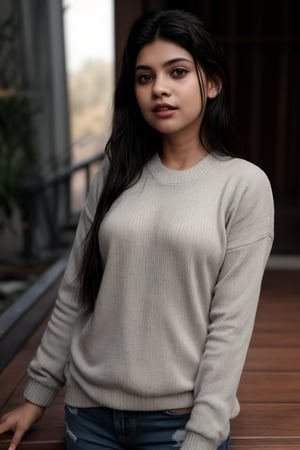 A serene portrait of a young girl with striking features. The shot is framed against a neutral background, allowing her to take center stage. Her long, raven-black hair cascades down her back in two delicate twin braids, which perfectly complement her piercing black eyes. A soft, cozy sweater adorns her torso, adding a touch of warmth to the overall mood. Her lips are painted with a subtle shade that adds a hint of sweetness to her enigmatic expression. The lighting is gentle and natural, casting a flattering glow on her porcelain skin.