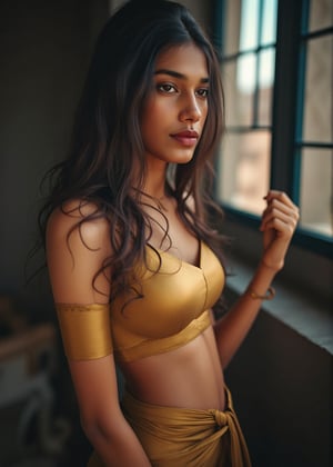 Tron legacy movie style, A stunning portrait of a 25-year-old woman wearing a saree, captured with a Canon 1DX and 50mm f/2.8 lens. The framing of the shot emphasizes her curves as she poses confidently, navel exposed. Soft, natural lighting accentuates her features, while the high-resolution image quality reveals intricate details in the fabric of her attire.,Girl25yo,Futuristic,Tran 