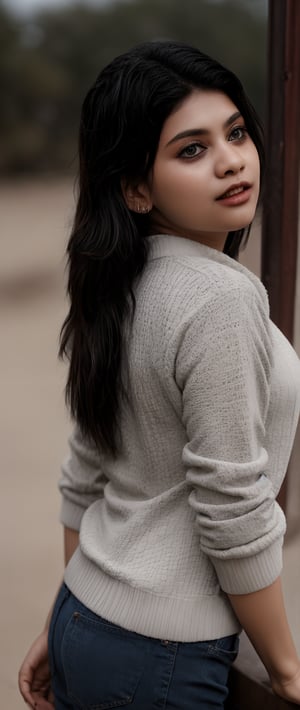 A serene portrait of a young girl with striking features. The shot is framed against a neutral background, allowing her to take center stage. Her long, raven-black hair cascades down her back in two delicate twin braids, which perfectly complement her piercing black eyes. A soft, cozy sweater adorns her torso, adding a touch of warmth to the overall mood. Her lips are painted with a subtle shade that adds a hint of sweetness to her enigmatic expression. The lighting is gentle and natural, casting a flattering glow on her porcelain skin.