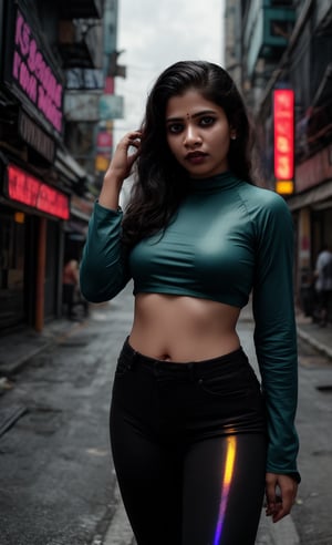 A striking Malayali woman in a cyberpunk-themed environment, captured in a realistic, high-definition photography style that mimics the quality of a Hollywood movie shot on a Sony Red cinematic camera. She is dressed in a futuristic outfit with sleek, metallic elements and neon accents, blending traditional beauty with a modern, edgy twist. Her short hair is styled to complement the cyberpunk aesthetic, perhaps with a bold color or sleek, asymmetrical cut. Midriff 

The setting is a neon-lit urban landscape, with towering buildings and holographic advertisements in the background. The scene is color graded in a strong teal and orange palette, enhancing the futuristic and dystopian atmosphere. Her face reflects determination and confidence, with dramatic lighting highlighting her features and casting dynamic shadows.

The camera angle and composition are cinematic, with a shallow depth of field that keeps the focus on the woman while subtly blurring the intricate details of the cyberpunk cityscape behind her. The overall image exudes a sense of gritty, futuristic elegance, combining the cultural elements of her Malayali heritage with the bold, high-tech world of cyberpunk.,Glowing dots on body