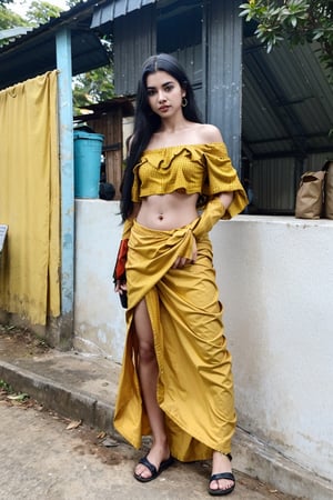 1girl, yellow colour dress, mallu, solo, long hair, skirt, black hair, navel, jewelry, standing, full body, earrings, outdoors, midriff, off shoulder, crop top, sandals, , long skirt, realistic, off-shoulder shirt,Thrissur