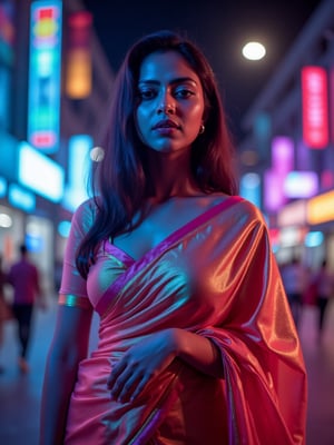 Digital canvas aglow with neon hues, Girl25yo stands poised, saree draping curves like a Tron-inspired grid. Canon 1DX's 50mm lens captures every nuance as she confidently exposes navel, soft lighting casting gentle glow on features. High-res image quality reveals intricate fabric details, saree's folds and patterns shimmering like digital code in a futuristic cityscape.,Amala Paul