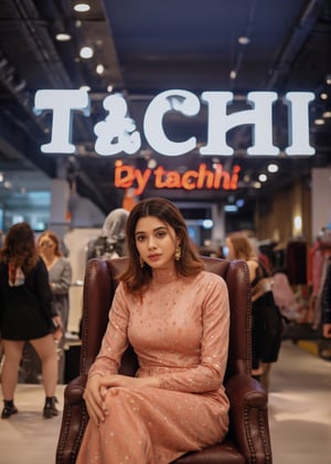 A beautiful woman sits elegantly on a luxurious throne in the center of a stylish boutique dress shop. Behind her, the name of the shop, "Tachi by taachhi" is displayed prominently in glowing, oversized letters, with cinematic lighting highlighting the scene. In the background, some girls are walking around, browsing through the clothing racks. The focus is on the woman and the bold, glowing shop name, blending seamlessly into the stylish environment.,Tanyx