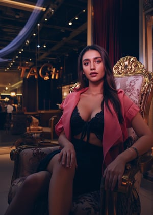 In a modern boutique shop named "TACHI," a stunning woman sits elegantly on a throne, exuding beauty and sophistication. The shop’s name is clearly visible on the background wall. The woman’s attire is stylish and trendy, reflecting the boutique's upscale and fashionable nature. The shop is decorated with modern furnishings, vibrant lighting, and luxurious details, while the throne adds a touch of regality and modern elegance to the scene.
