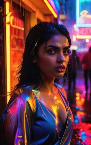 shot of a fiery-eyed Indian woman, her dark hair whipping around her face as she scowls at the camera. Midriff exposed ,  ((hand pointing to viewers)), Framed by a dimly lit alleyway's neon signs and rain-soaked pavement, the gritty atmosphere heightens the tension in her gaze. Her beauty is tempered by anger, her full lips pursed in a snarl as she confronts the unknown. Cinematic photography captures every nuance of her expression, inviting the viewer to step into her world.