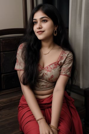 A beautiful Indian woman wearing a traditional saree, draped in a style that reveals her midriff and navel. The saree is richly colored and adorned with intricate patterns and embroidery, with a matching blouse (choli) that has short sleeves and a deep neckline. The pallu of the saree is gracefully draped over her shoulder, falling softly to one side, while her navel is tastefully visible where the saree is wrapped around her waist. She is adorned with traditional jewelry, including a maang tikka, jhumka earrings, a nose ring, bangles, and anklets. Her skin has a warm tone, and her long, dark hair is styled either in a loose braid or cascading waves. The setting is softly lit, focusing on her elegant pose and the cultural richness of her attire, with warm, natural lighting that enhances the details of the fabric and her jewelry.
