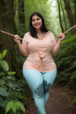 A chubby Indian woman confidently stands amidst the vibrant foliage of a lush forest, her silky yellow top with a deep neckline and front knot glistening in the dappled sunlight. Her peach-colored leggings blend harmoniously with the surrounding greenery as she holds two sticks, exuding warmth and joy. A gentle smile plays on her lips, radiating a sense of adventure and contentment.