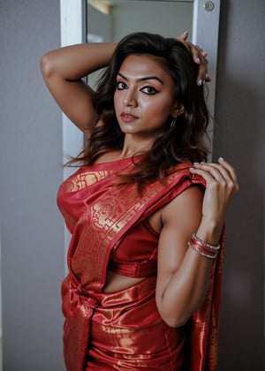 Tron legacy movie style, A stunning portrait of a 25-year-old woman wearing a saree, captured with a Canon 1DX and 50mm f/2.8 lens. The framing of the shot emphasizes her curves as she poses confidently, navel exposed. Soft, natural lighting accentuates her features, while the high-resolution image quality reveals intricate details in the fabric of her attire.,Girl25yo,Futuristic 