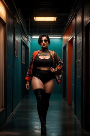 A stylish Mallu girl with a curvy, sexy figure poses confidently in a modern, non-traditional outfit adorned with traditional ornaments. She wears oversized, colorful sunglasses and a bold, patterned turtleneck that stands out against a teal and orange background, graded with cinematic color tones. The scene captures a complex, action-oriented pose reminiscent of cyberpunk themes from Blade Runner and The Matrix, set in a highly stylized, photorealistic CGI environment. The abstract, textured background adds a pop art flair with bold, vibrant colors, enhancing the modern, high-quality 32K masterpiece. Studio lighting accentuates every detail, bringing a mix of traditional elements and futuristic vibes together in this dynamic composition