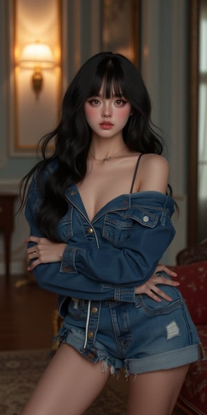 pretty 1girl, long straight black hair, wearing denim cover all fashion, super high quality, real images, lifelike, real skin, soft lighting, Cinematic, (Surrealism: 1.2), (8K UHD: 1.2), (Photorealism: 1.2), Shot with medium format camera, Professional camera, Perfectly Delicate and Rich in Detail, (masterpiece, top quality, best quality, official art, beautiful and aesthetic:1.2), (((1girl))), dynamic pose, extreme detailed,Big bearsts,Curvy plump women:1,  

 (RAW photo, best quality), (realistic, photo-Realistic:1.1), best quality, masterpiece, beautiful and aesthetic, 16K, (HDR:1.2), high contrast, (vibrant color:1.3), (muted colors, dim colors, soothing tones:0), cinematic lighting, ambient lighting, sidelighting, Exquisite details and textures, cinematic shot, Warm tone, (Bright and intense:1.1), wide shot, by xm887, ultra realistic illustration, siena natural ratio,	head to thigh portrait,	long Wave hair, 