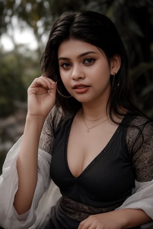 A sultry Mallu girl, 18 years old, with striking twin tails and long hair, gazes directly at the viewer. Her outfit features a modern dress with a heart-shaped cleavage cutout, a full-sleeve shirt, and short trousers. Her upper body is the focal point, with navel exposed. A delicate necklace adorns her neck, complemented by hoop earrings. Red-framed specs add a pop of color to her striking black eyes and luscious lips. The night background sets the tone for this captivating scene, where her dress's heart cutout cleavage takes center stage.