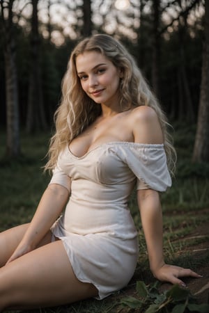 masterpiece, best quality, photorealistic, raw photo, 30 years old woman, long hair, white hair, curly hair, detailed skin texture, pore, off_shoulder, off_leg, fit body, hourglass figure, full body, outside, night time, dark night, sitting on grass, In the forest, bokeh,28yo girl 