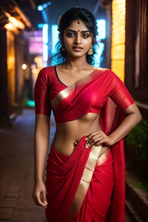 Raw photo of (25yo Kerala Beautiful young woman:1.1) (best quality, highres, ultra-detailed:1.2), vibrant colors, glowing dimond, glowing eyes, realistic Raw photo, realistic lighting, traditional Red saree,  exotic beauty, mesmerizing eyes, girl ,Thrissur