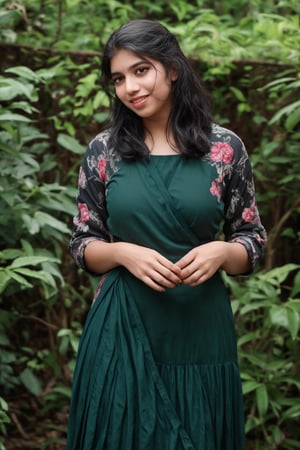 A stunning Kerala beauty poses in a lush botanical garden on a bright, sunny day. She wears a vibrant traditional embroidered dress adorned with intricate black, red, and green patterns, her blonde hair shining under the warm light. Her radiant smile captures the essence of joy as she stands amidst a tapestry of colorful flowers, the gentle breeze rustling the petals in harmony with her carefree laughter.