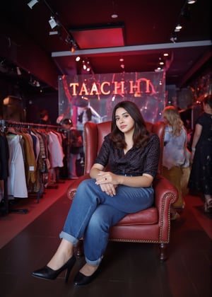 A beautiful woman sits elegantly on a luxurious throne in the center of a stylish boutique dress shop. Behind her, the name of the shop, "Tachi by taachhi" is displayed prominently in glowing, oversized letters, with cinematic lighting highlighting the scene. In the background, some girls are walking around, browsing through the clothing racks. The focus is on the woman and the bold, glowing shop name, blending seamlessly into the stylish environment.,Tanyx