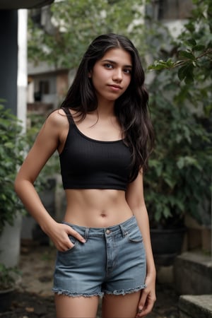 A 15-year-old girl with long brown hair and bright green eyes stands confidently outdoors, her skin glistening from the sunlight. She wears short hot pants and a subtle upper, her lips curled into a gentle smile as she gazes directly at the viewer. A delicate flower adorns her navel, its petals slightly blurred by the camera's focus on her captivating gaze. Her brown hair blows gently in the wind, framing her freckled nose. In the background, a slender branch reaches out, almost touching her shoulder. A slim-fit energy light particle mecha hovers near her head, its sparks and particles dancing around her in shimmering harmony.