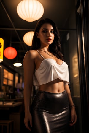 A 28-year-old woman with plump features stands majestically in a dimly lit room,  bathed in neon lights and glowing accents. The Fujifilm camera captures every detail, showcasing vibrant colors and mesmerizing eyes radiating an inner light. She wears a blouse:1.4,  gown:1.4, exposed_midriff, accessorized by a gleaming diamond pendant, the futuristic setting. The photorealistic lighting and composition,28yo girl 