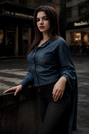 pretty 1girl, long straight black hair, wearing denim cover all fashion, super high quality, real images, lifelike, real skin, soft lighting, Cinematic, (Surrealism: 1.2), (8K UHD: 1.2), (Photorealism: 1.2), Shot with medium format camera, Professional camera, Perfectly Delicate and Rich in Detail, (masterpiece, top quality, best quality, official art, beautiful and aesthetic:1.2), (((1girl))), dynamic pose, extreme detailed,Big bearsts,Curvy plump women 

 (RAW photo, best quality), (realistic, photo-Realistic:1.1), best quality, masterpiece, beautiful and aesthetic, 16K, (HDR:1.2), high contrast, (vibrant color:1.3), (muted colors, dim colors, soothing tones:0), cinematic lighting, ambient lighting, sidelighting, Exquisite details and textures, cinematic shot, Warm tone, (Bright and intense:1.1), wide shot, by xm887, ultra realistic illustration, siena natural ratio,	head to thigh portrait,	long Wave hair, 