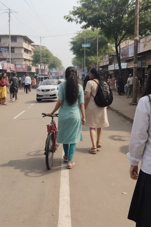 School girls road crossing, Crowd city, girls walking , bikes, car, Bus, busy cityCreate an realistic concept centered around a modern indian girl with fair skin with enchanting and timeless beauty. Her expressive eyes are windows to a world of emotion, her captivating smile leaves an indelible mark, and her flowing hair is a visual poetry. Explore how her gentle touch creates an aura that infuses every shared moment with a sense of destiny and magic. Develop the storyline, characters, and the world in which this enchanting girl exists, and let her presence be a driving force behind the themes and narrative. 
,Realism,Mallugirl,Thrissur,Very crowded city