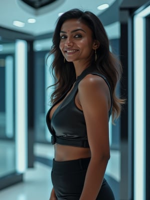 A beautiful 30-year-old Mallu (Malayali) woman with a dusky complexion, dressed in modern, high-fashion attire from the year 2100, standing in a sleek futuristic environment. She has elegant facial features with a warm smile, captured in a cinematic shot with a soft, dynamic lighting. Shot on IMAX camera, high-definition detail, realistic textures, and ultra-clear focus. 
