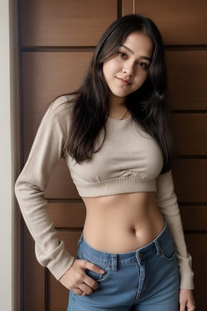 1girl, solo, long hair, looking at viewer, brown hair, shirt, long sleeves, navel, brown eyes, upper body, midriff, striped, pants, blurry, sweater, lips, blurry background, denim, hands on hips, striped shirt, realistic