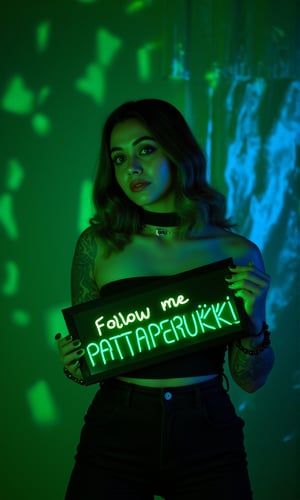 a vibrant young woman stands proudly holding a neon sign that reads "Follow me PATTAPERUKKI" in bold, glowing green letters. She is wearing a black strapless shirt, adorned with a black necklace and a black bracelet. Her left arm is adorned with tattoos, adding a pop of color to her outfit. The backdrop is a vibrant mix of green and blue lights, creating a striking contrast to her figure.