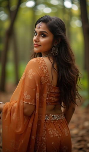 a woman with long, wavy brown hair stands in a forest. She is dressed in a two-piece outfit,creating a peaceful and natural backdrop.,mallu,Traditional,The image is captured using a Fujifilm cinematic camera, with dramatic cinematic lighting enhancing the deep shadows and bright highlights. making her the clear focal point. The camera angle is low, looking slightly upwards to give her an empowering, larger-than-life presence. The textures of the costume and her skin are rendered in high definition, with the soft, natural lighting adding a dreamlike quality to the image., (RAW photo, best quality), (realistic, photo-Realistic:1.1), best quality, masterpiece, beautiful and aesthetic, 16K, (HDR:1.2), high contrast, (vibrant color:1.3), (muted colors, dim colors, soothing tones:0), cinematic lighting, ambient lighting, sidelighting, Exquisite details and textures, cinematic shot, Warm tone, (Bright and intense:1.1), wide shot, by xm887, ultra realistic illustration, siena natural ratio,	head to thigh portrait,	long Wave hair, Traditional 